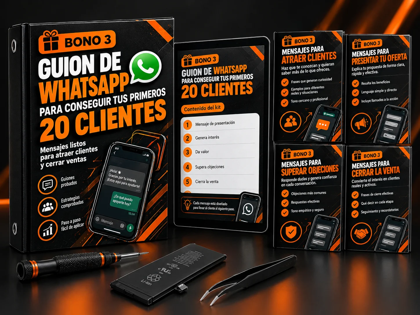 Mockup del Bono 3: Guion de WhatsApp para conseguir tus primeros 20 clientes