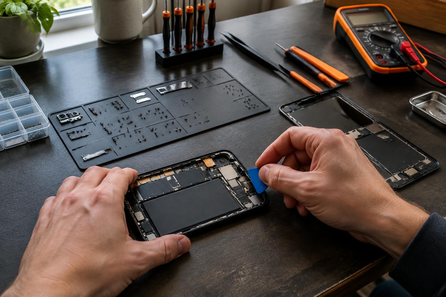 Manos trabajando en un celular de práctica sobre una mesa con herramientas y tornillos ordenados